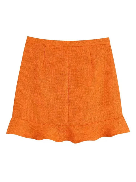 New Fashion Front Buttons Tweed Cropped Waist Sleeveless Coat High Waist Ruffled Mini Skirt Two Piece Set CODE: KAR1566