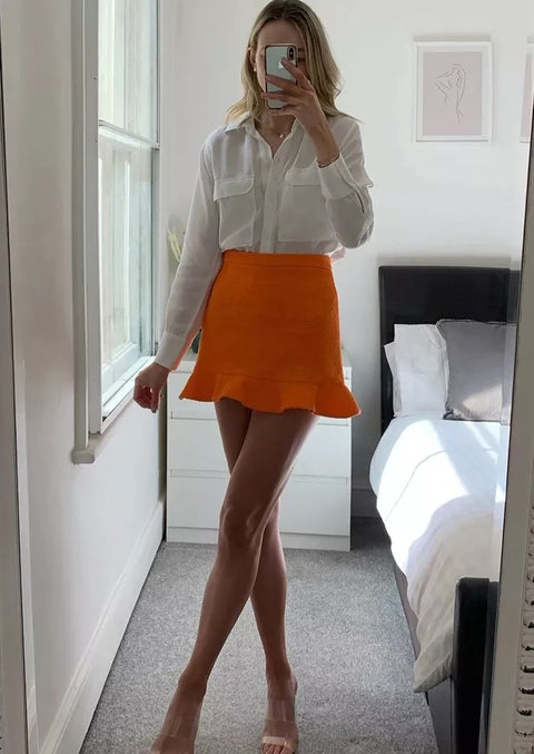 New Fashion Front Buttons Tweed Cropped Waist Sleeveless Coat High Waist Ruffled Mini Skirt Two Piece Set CODE: KAR1566