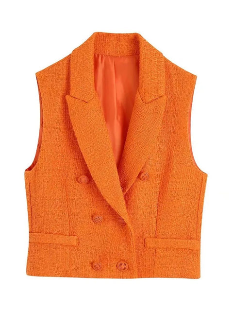 New Fashion Front Buttons Tweed Cropped Waist Sleeveless Coat High Waist Ruffled Mini Skirt Two Piece Set CODE: KAR1566