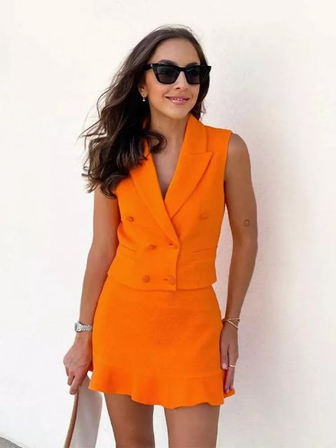 New Fashion Front Buttons Tweed Cropped Waist Sleeveless Coat High Waist Ruffled Mini Skirt Two Piece Set CODE: KAR1566