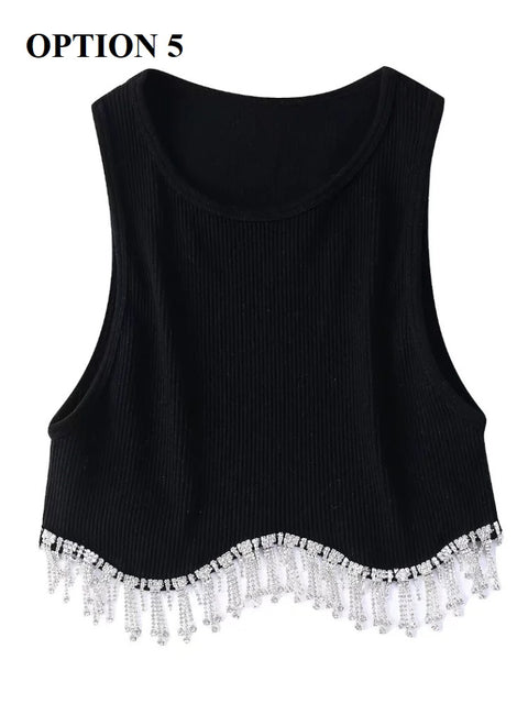 New High Street Sexy Hem Tassel Diamond Beading Knitting Slim Crop Vest Tops CODE: KAR1569