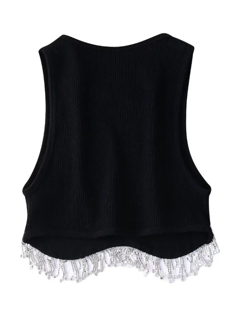 New High Street Sexy Hem Tassel Diamond Beading Knitting Slim Crop Vest Tops CODE: KAR1569