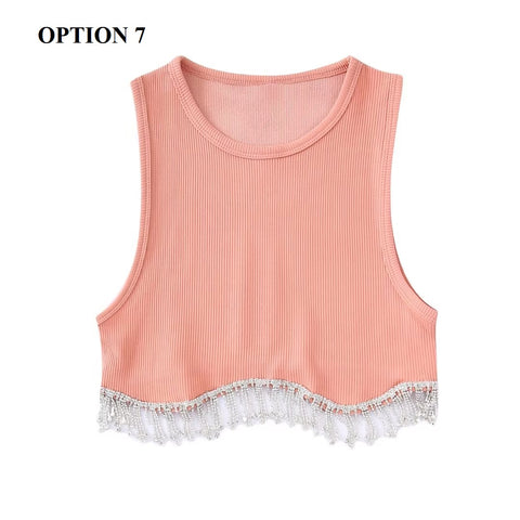 New High Street Sexy Hem Tassel Diamond Beading Knitting Slim Crop Vest Tops CODE: KAR1569