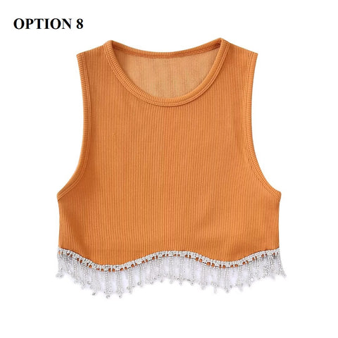 New High Street Sexy Hem Tassel Diamond Beading Knitting Slim Crop Vest Tops CODE: KAR1569