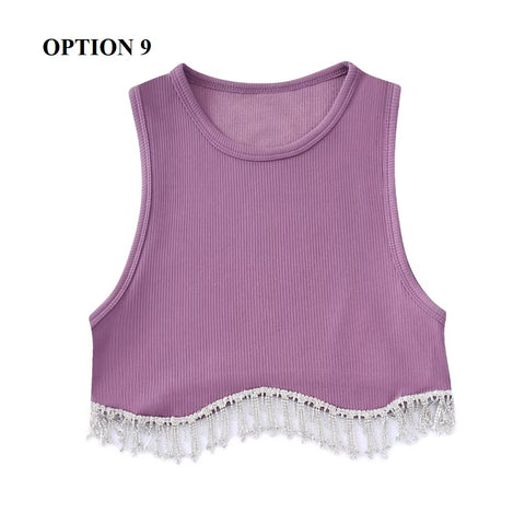 New High Street Sexy Hem Tassel Diamond Beading Knitting Slim Crop Vest Tops CODE: KAR1569