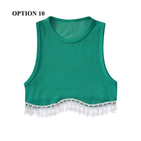 New High Street Sexy Hem Tassel Diamond Beading Knitting Slim Crop Vest Tops CODE: KAR1569