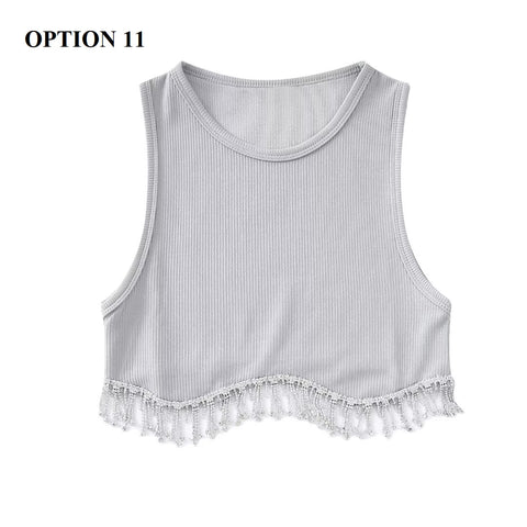 New High Street Sexy Hem Tassel Diamond Beading Knitting Slim Crop Vest Tops CODE: KAR1569