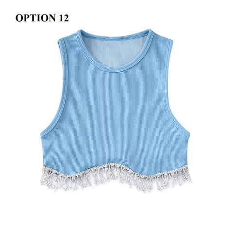 New High Street Sexy Hem Tassel Diamond Beading Knitting Slim Crop Vest Tops CODE: KAR1569