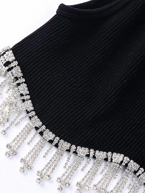 New High Street Sexy Hem Tassel Diamond Beading Knitting Slim Crop Vest Tops CODE: KAR1569
