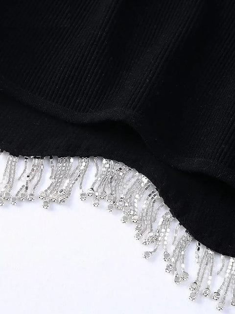 New High Street Sexy Hem Tassel Diamond Beading Knitting Slim Crop Vest Tops CODE: KAR1569