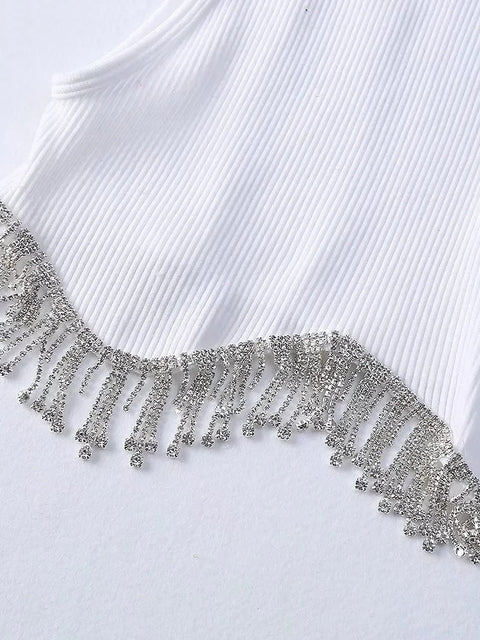 New High Street Sexy Hem Tassel Diamond Beading Knitting Slim Crop Vest Tops CODE: KAR1569
