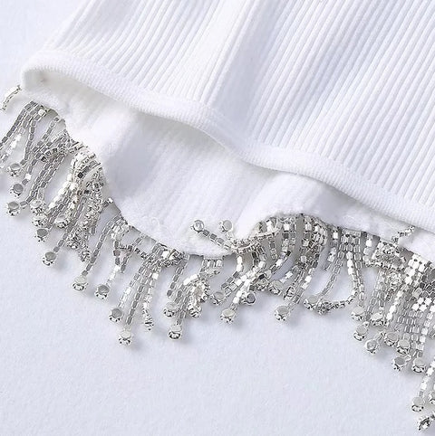 New High Street Sexy Hem Tassel Diamond Beading Knitting Slim Crop Vest Tops CODE: KAR1569