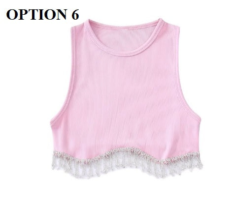 New High Street Sexy Hem Tassel Diamond Beading Knitting Slim Crop Vest Tops CODE: KAR1569