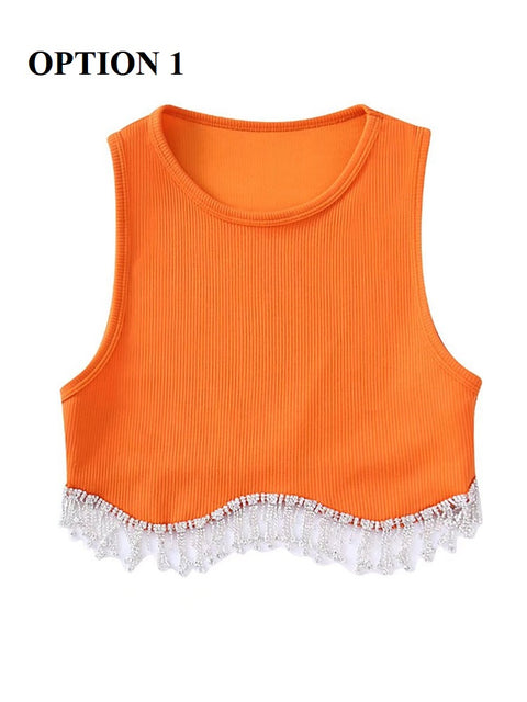 New High Street Sexy Hem Tassel Diamond Beading Knitting Slim Crop Vest Tops CODE: KAR1569