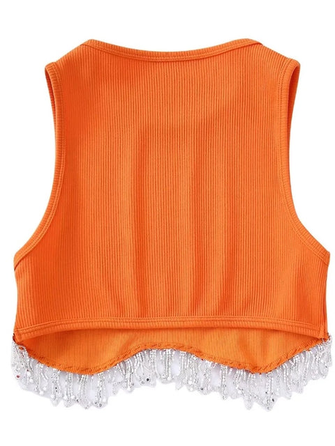 New High Street Sexy Hem Tassel Diamond Beading Knitting Slim Crop Vest Tops CODE: KAR1569