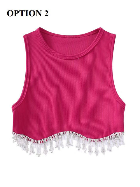 New High Street Sexy Hem Tassel Diamond Beading Knitting Slim Crop Vest Tops CODE: KAR1569