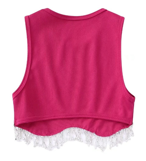 New High Street Sexy Hem Tassel Diamond Beading Knitting Slim Crop Vest Tops CODE: KAR1569