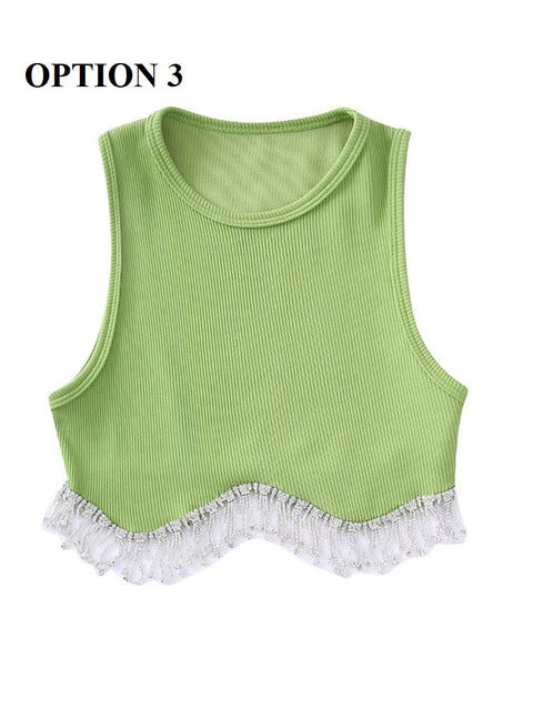 New High Street Sexy Hem Tassel Diamond Beading Knitting Slim Crop Vest Tops CODE: KAR1569