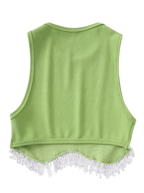 New High Street Sexy Hem Tassel Diamond Beading Knitting Slim Crop Vest Tops CODE: KAR1569
