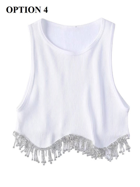 New High Street Sexy Hem Tassel Diamond Beading Knitting Slim Crop Vest Tops CODE: KAR1569