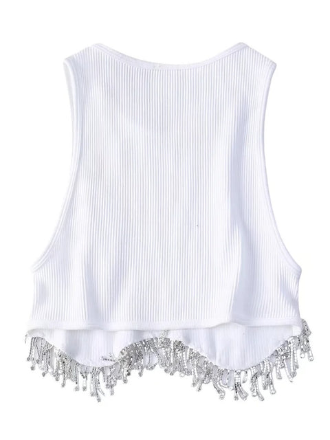 New High Street Sexy Hem Tassel Diamond Beading Knitting Slim Crop Vest Tops CODE: KAR1569
