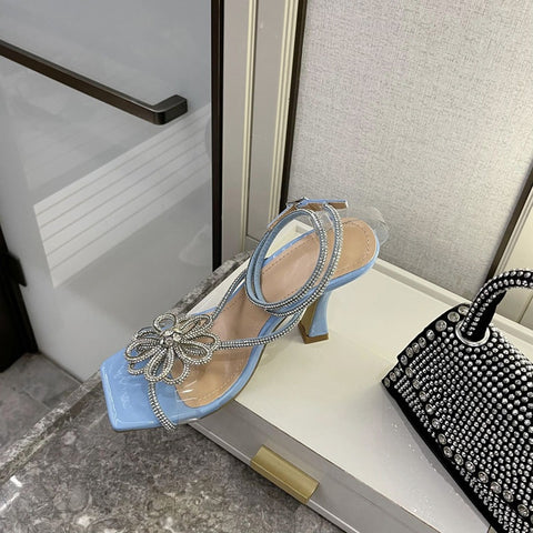Summer Fashion High Heels Crystal Flower Rhinestone Square Toe Heels Sandals CODE: KAR1571