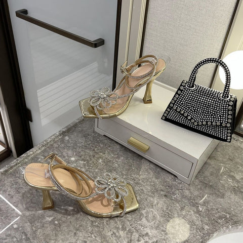 Summer Fashion High Heels Crystal Flower Rhinestone Square Toe Heels Sandals CODE: KAR1571