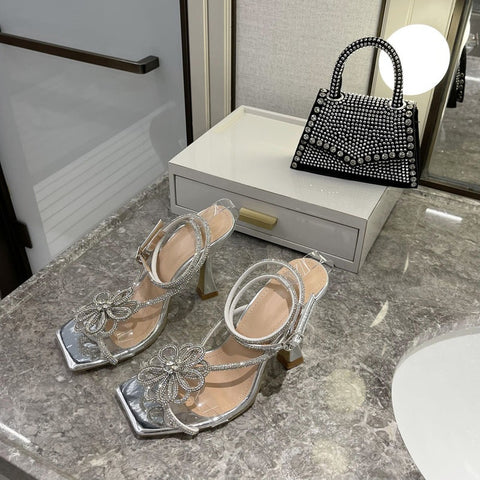 Summer Fashion High Heels Crystal Flower Rhinestone Square Toe Heels Sandals CODE: KAR1571