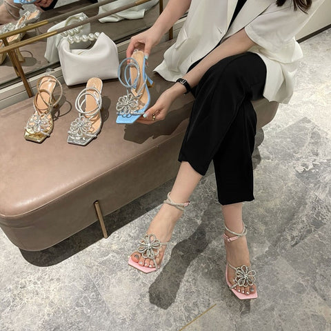 Summer Fashion High Heels Crystal Flower Rhinestone Square Toe Heels Sandals CODE: KAR1571