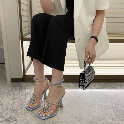 Summer Fashion High Heels Crystal Flower Rhinestone Square Toe Heels Sandals CODE: KAR1571