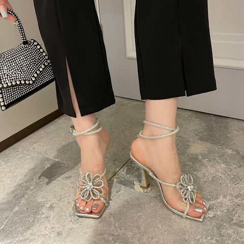 Summer Fashion High Heels Crystal Flower Rhinestone Square Toe Heels Sandals CODE: KAR1571