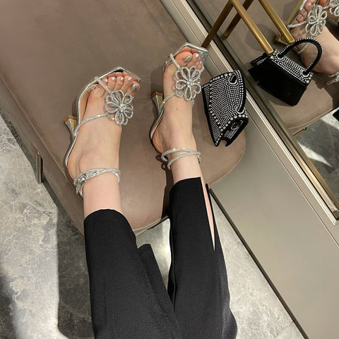 Summer Fashion High Heels Crystal Flower Rhinestone Square Toe Heels Sandals CODE: KAR1571