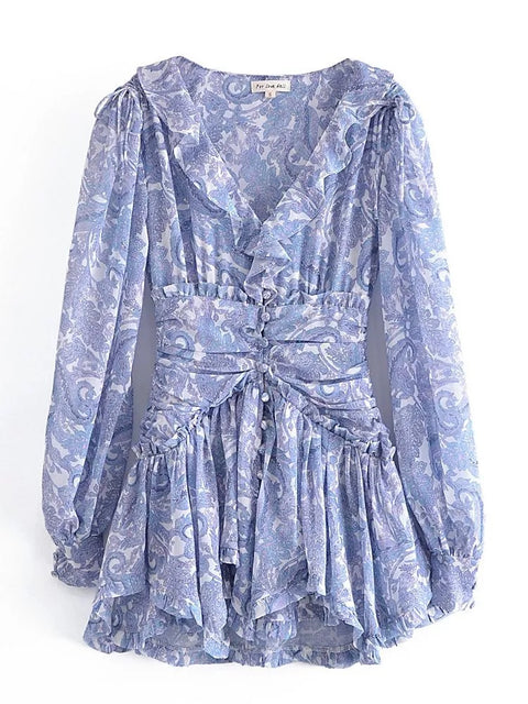 Summer Ruffle V Neck Long Sleeve Floral Print Boho Short Dress CODE: KAR1575