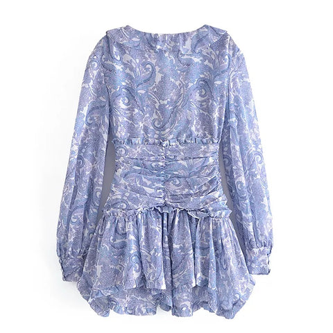 Summer Ruffle V Neck Long Sleeve Floral Print Boho Short Dress CODE: KAR1575