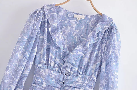 Summer Ruffle V Neck Long Sleeve Floral Print Boho Short Dress CODE: KAR1575