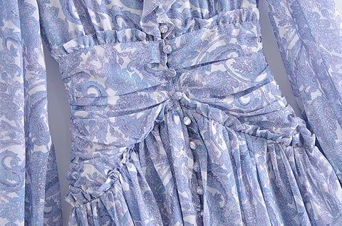 Summer Ruffle V Neck Long Sleeve Floral Print Boho Short Dress CODE: KAR1575
