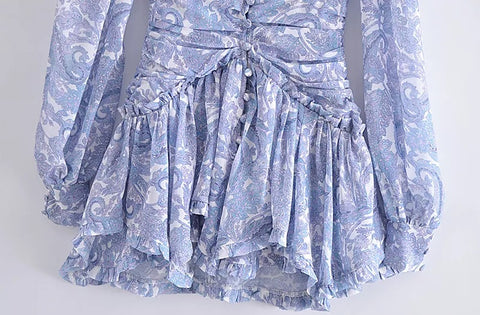 Summer Ruffle V Neck Long Sleeve Floral Print Boho Short Dress CODE: KAR1575