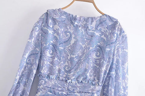 Summer Ruffle V Neck Long Sleeve Floral Print Boho Short Dress CODE: KAR1575