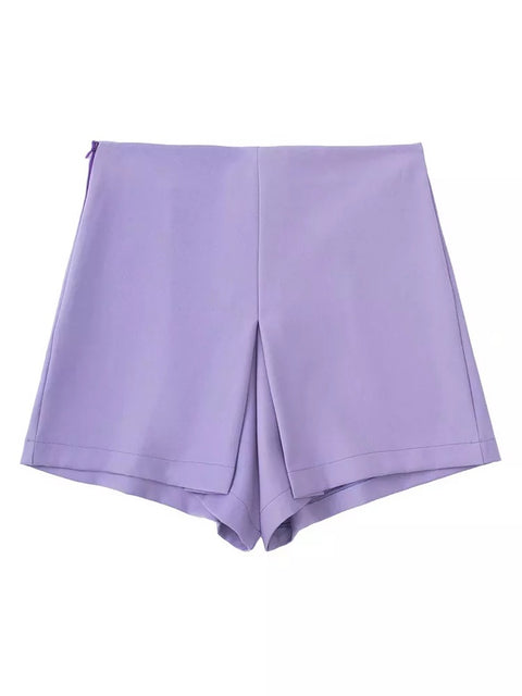 New Fashion Purple Pleated Split Side Zipper High Waist Short CODE: KAR1577