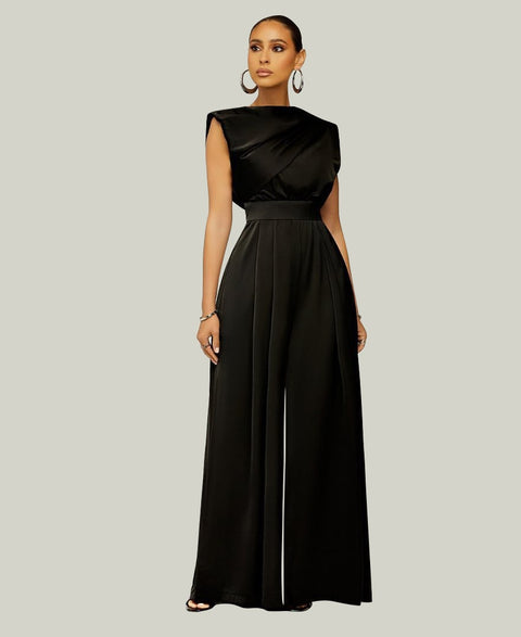 Summer Elegant Wraps Shoulder High Waist Tunic Wide Leg Straight Jumpsuit CODE: KAR1587