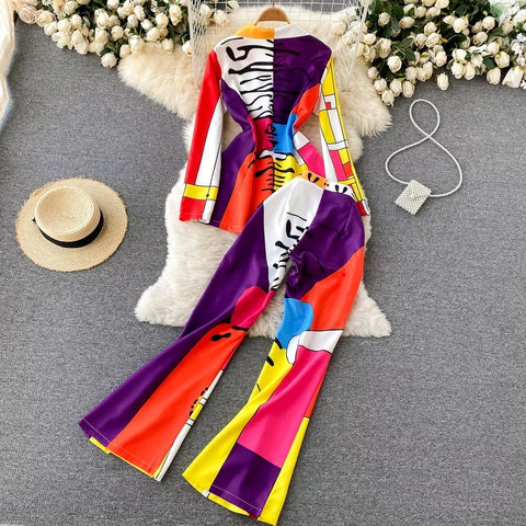 New Fashion Print Work Single-breasted Jacket + Wide leg Pants Two Piece Set CODE: KAR1591