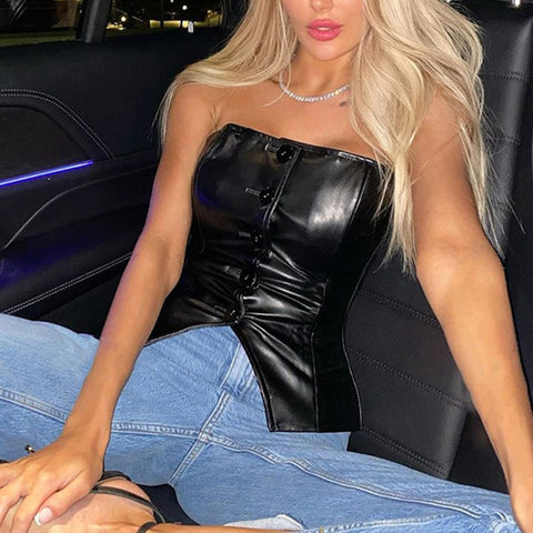 Sexy  Black Strapless Off Shoulder Button Up Tank Corset Top CODE: KAR1594