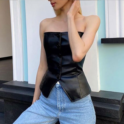 Sexy  Black Strapless Off Shoulder Button Up Tank Corset Top CODE: KAR1594