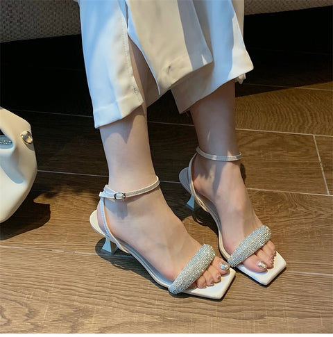 Summer Crystal Square Toe Thick Low Heel Bing Ankle Strap Pump Sandals CODE: KAR1599