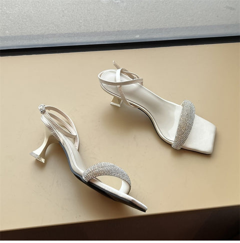 Summer Crystal Square Toe Thick Low Heel Bing Ankle Strap Pump Sandals CODE: KAR1599