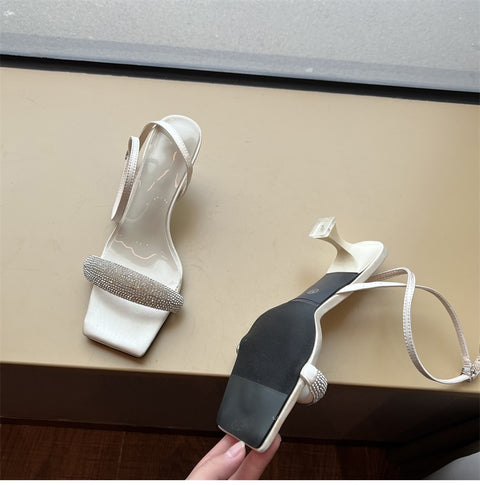 Summer Crystal Square Toe Thick Low Heel Bing Ankle Strap Pump Sandals CODE: KAR1599