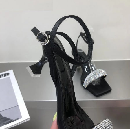 Summer Crystal Square Toe Thick Low Heel Bing Ankle Strap Pump Sandals CODE: KAR1599
