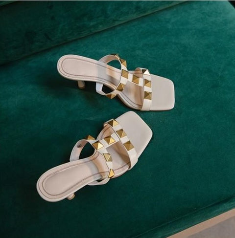 New Fashion Thin Heel Square Toe with Rivet Slide Slipper CODE: KAR1600