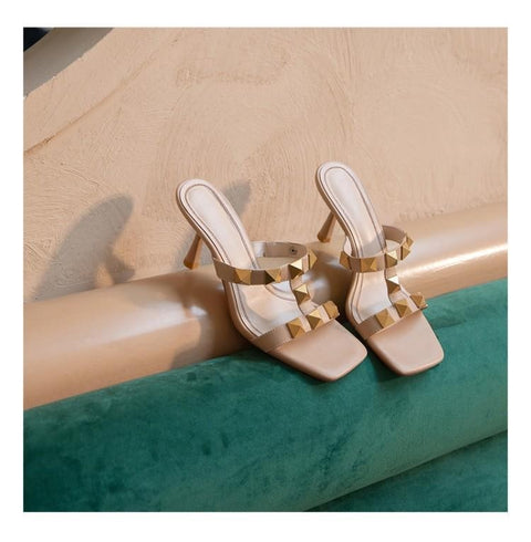 New Fashion Thin Heel Square Toe with Rivet Slide Slipper CODE: KAR1600