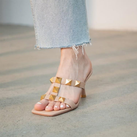 New Fashion Thin Heel Square Toe with Rivet Slide Slipper CODE: KAR1600